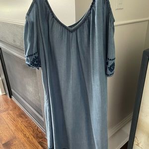 Tencel blue cold shoulder dress.  Above the knee.